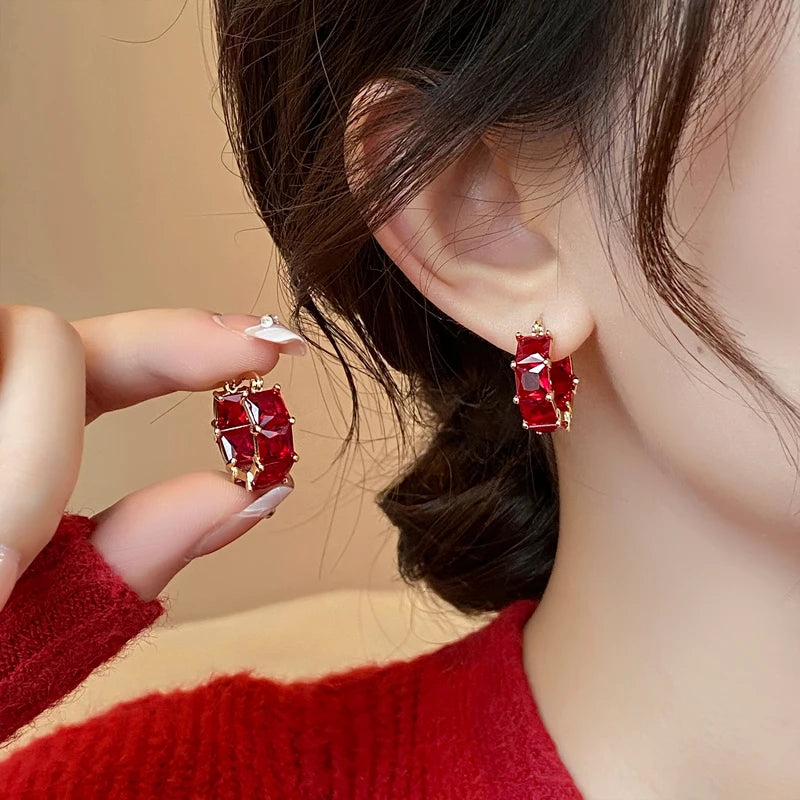 Red gemstone earrings worn by a person with a blurred background